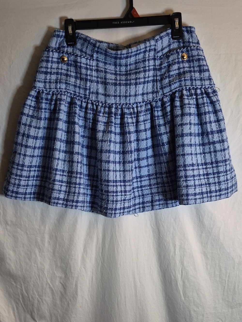 Free Assembly Blue Plaid Tweed Mini Skirt with Gold Buttons - Picture 1 of 5